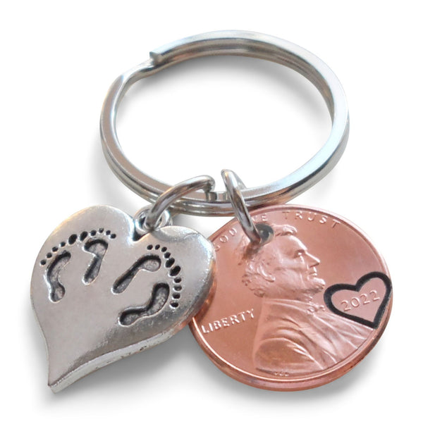 US One Cent Penny Keychain with Heart Around Year & Twin Baby Feet Heart Charm, Mother's Keychain, Father's Keychain