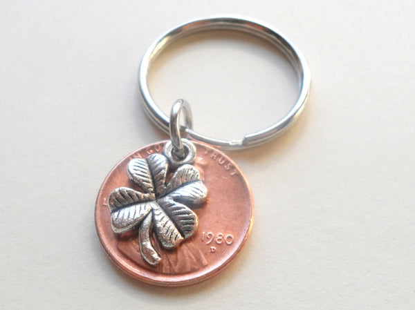 Clover Charm Layered Over 1980 Penny Keychain; 42 Year Anniversary Gift, Birthday Gift, Couples Keychain
