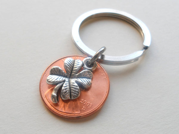 Clover Charm Layered Over 2003 Penny Keychain; 19 Year Anniversary Gift, Birthday Gift, Couples Keychain