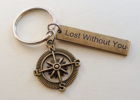 8 Year Anniversary Gift • Bronze Open Metal Compass With Engraved "Lost Without You" Tag Keychain by Jewelry Everyday