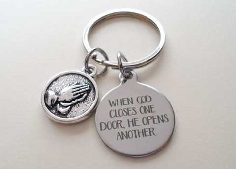 When God Closes One Door He Opens Another Keychain with Praying Hands Charm, Religious Keychain