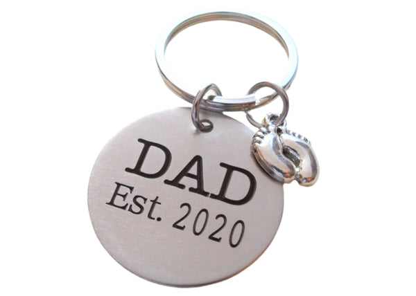 Custom Engraved Dad Est. Disc Keychain with Baby Feet Charm; Father's Keychain