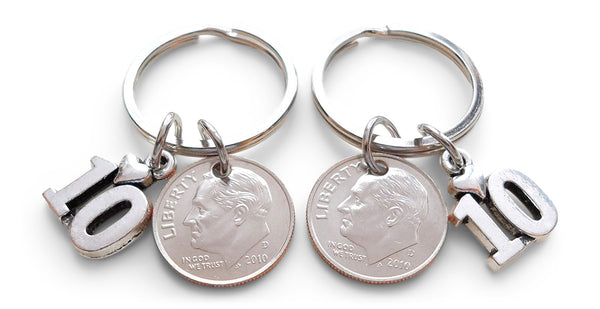10 Year Anniversary Gift • Double Keychain Set Dime Keychains w/ Number 10 Charm by Jewelry Everyday