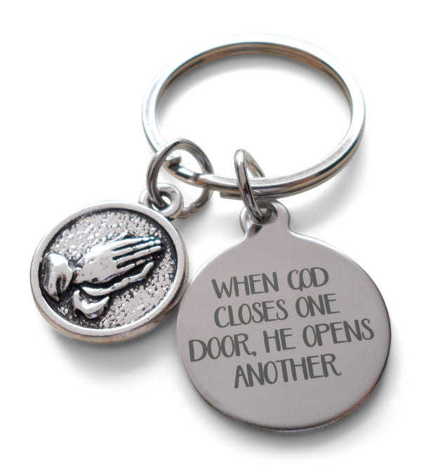 When God Closes One Door He Opens Another Keychain with Praying Hands Charm, Religious Keychain