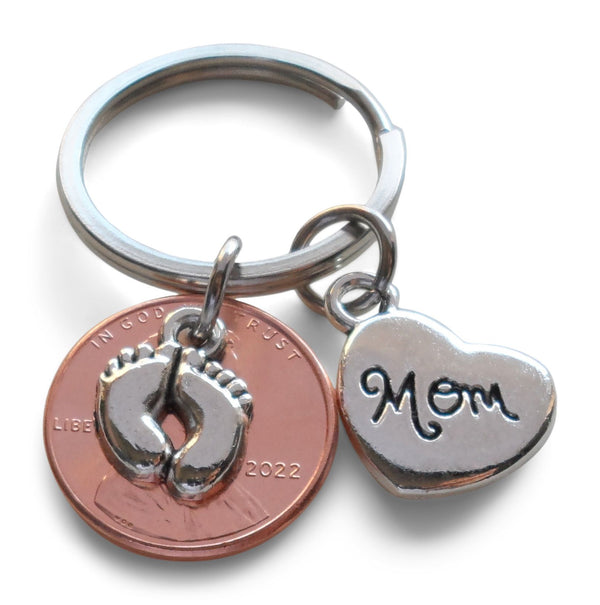 Mom Heart Charm & Baby Feet Charm Layered Over Penny Keychain Mother's Keychain, Baby Shower Keychain