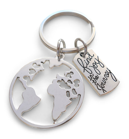 Cutout World Globe Charm Keychain with Find Joy in the Journey Charm & Option to Add Personalization, Initial & Birthstone
