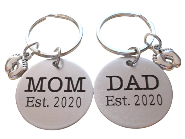Dad Est. Disc Keychain & Mom Est. Disc Keychain with Baby Feet Charm; Father's Keychain, Mother's Keychain