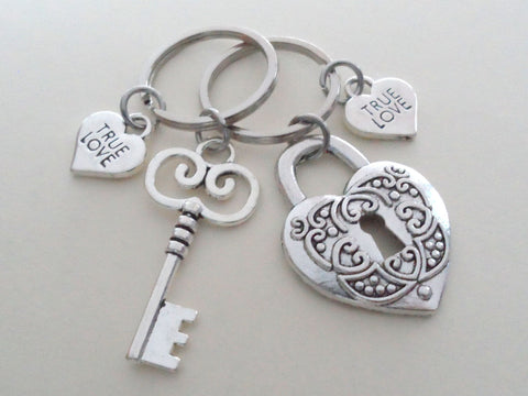 Key and Heart Lock Charm Keychain Set with True Love Heart Charms - Key To My Heart; Couples Keychain Set