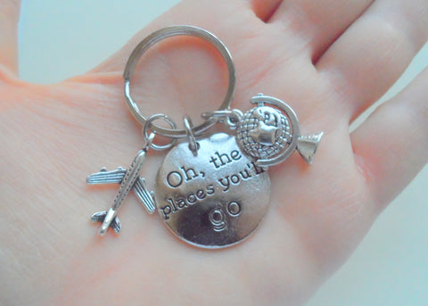 Oh, The Places You'll Go Disc Charm with Airplane & Globe Charm, Graduate Keychain by JewelryEveryday