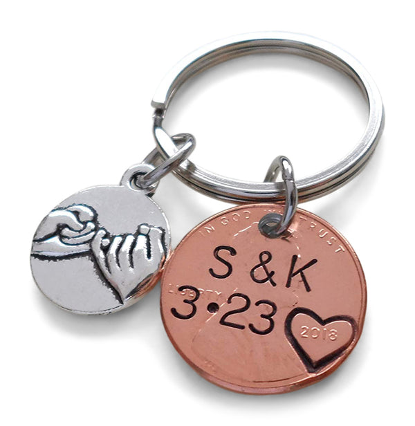 Anniversary Gift • Personalized Penny Keychain Stamped with Heart Around the Year & Initials w/ Anniversary Date & Pinky Promise Charm