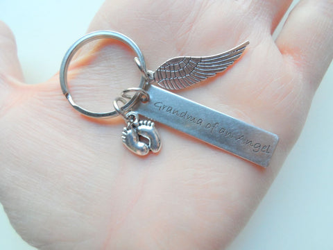 Grandma of an Angel Engraved Keychain, Baby Memorial Keychain, Wing Charm and Baby Feet Charm
