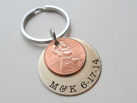 Custom Copper Penny Keychain With Engraved Brass Disc, 7 Year or Other Year Anniversary Gift, Husband Wife Key Chain, Boyfriend Girlfriend Gift, Couples Keychain