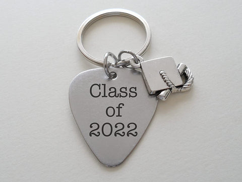 Graduate Guitar Pick Keychain, Stainless Steel Guitar Pick Keychain; Class of 2024 Engraved Keychain with Cap Charm, Graduation Gift