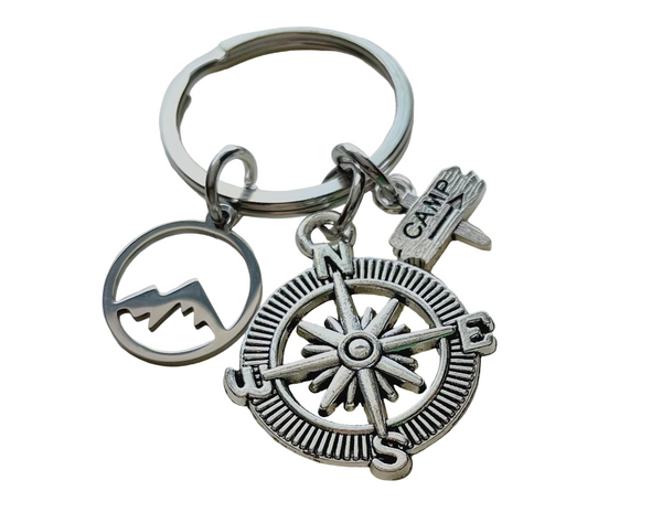 Camping Charm Keychain with Mountain Charm, Compass Charm & Camp Sign Charm