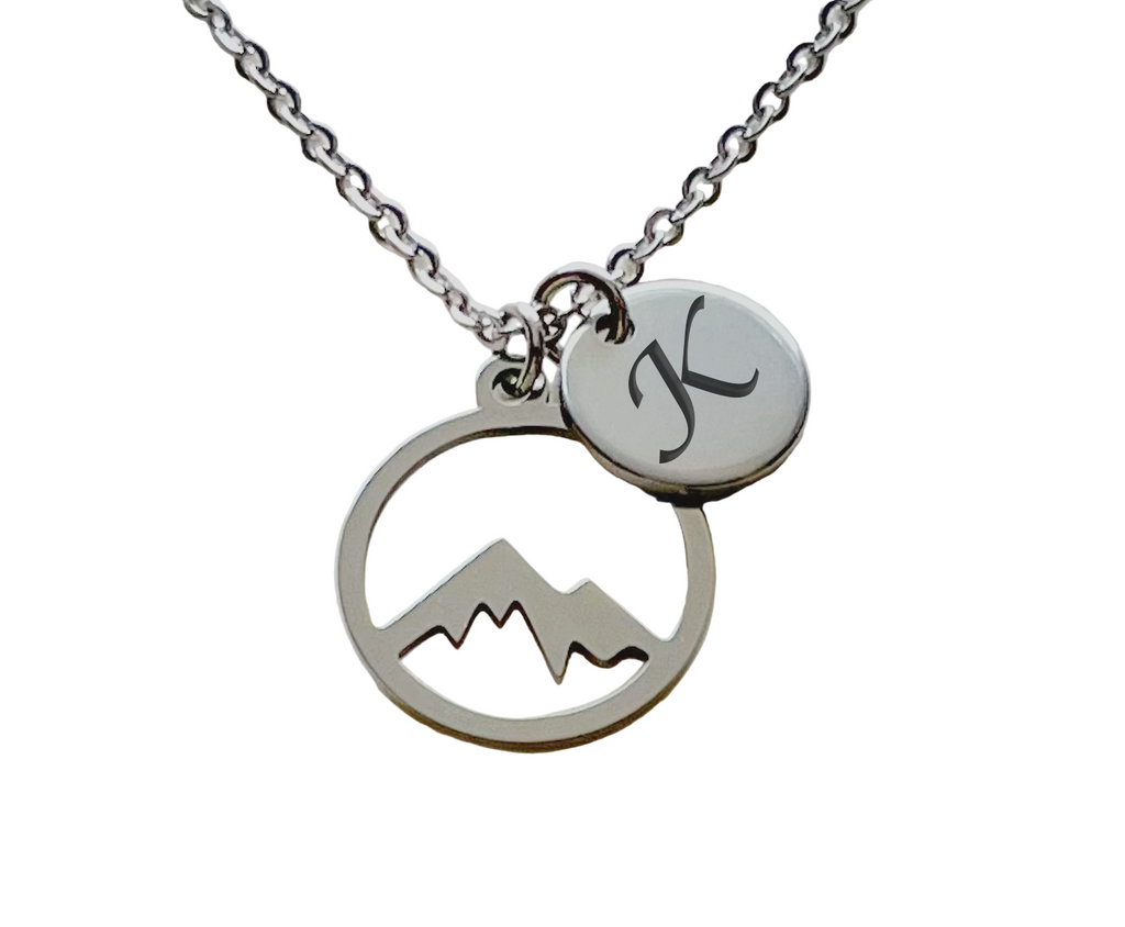 Mountain Charm Pendant Necklace with Initial Disc