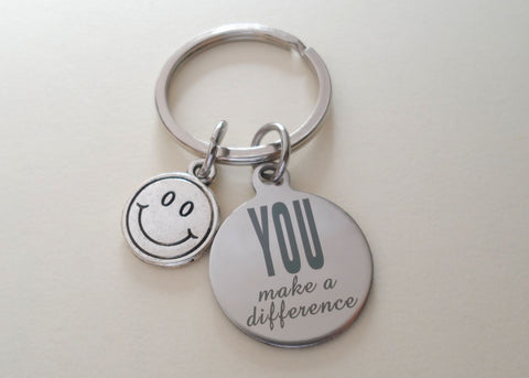 Smiley Face Charm & "You Make a Difference" Disc Keychain, Volunteer Appreciation Keychain by Jewelry Everyday