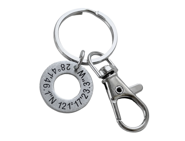 Custom Engraved Coordinates Steel Washer Keychain with Clasp, Anniversary Gift Keychain, Special Occasion GPS Keychain