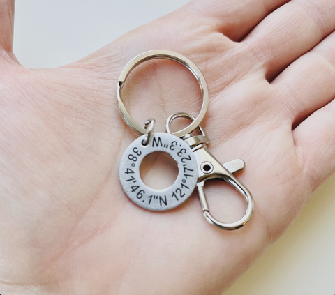 Custom Engraved Coordinates Steel Washer Keychain with Clasp, Anniversary Gift Keychain, Special Occasion GPS Keychain