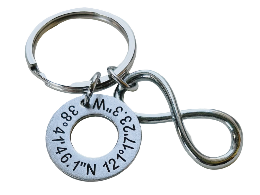 Custom Engraved Coordinates Steel Washer Keychain with Infinity Charm, Anniversary Gift Keychain, GPS Keychain