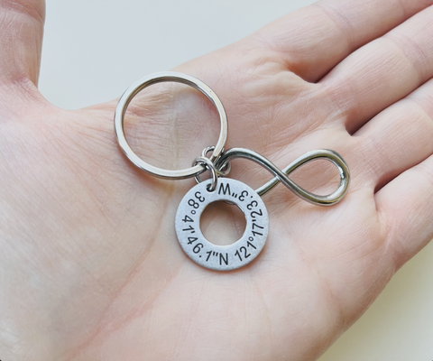 Custom Engraved Coordinates Steel Washer Keychain with Infinity Charm, Anniversary Gift Keychain, GPS Keychain