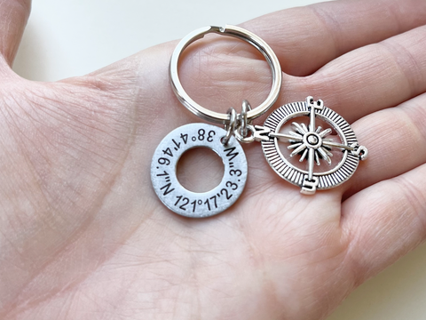 Custom Engraved Coordinates Steel Washer Keychain with Compass Charm, Anniversary Gift Keychain, GPS Keychain