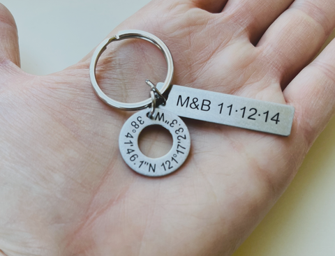 Custom Engraved Coordinates Steel Washer & Rectangle Tag Keychain, Anniversary Gift Keychain, GPS Keychain