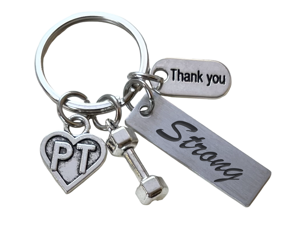 Physical Therapy Keychain with Strong Engraved Tag, PT Heart, Hand Weight Charm, and Thank You Tag