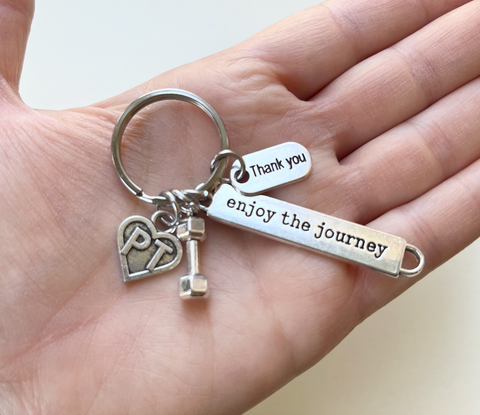 Physical Therapy Keychain with  PT Heart, Hand Weight Charm, Enjoy the Journey and Thank You Tag