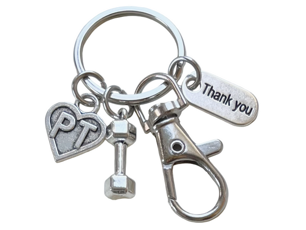 Physical Therapy Keychain with PT Heart, Hand Weight Charm,Thank You Tag, and a Clasp