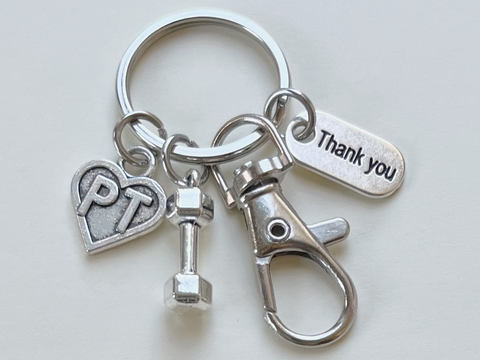 Physical Therapy Keychain with PT Heart, Hand Weight Charm,Thank You Tag, and a Clasp