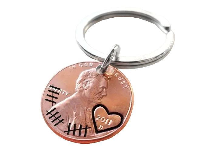 Custom Engraved Penny Keychain with Tally Marks, Personalized Lucky Penny Key Ring, Anniversary Penny Key Chain