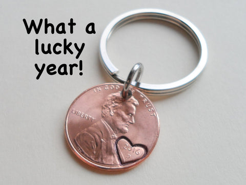 2016 Penny Keychain with Heart Around Year; 9 Year Anniversary Gift, Couples Keychain by Jewelry Everyday