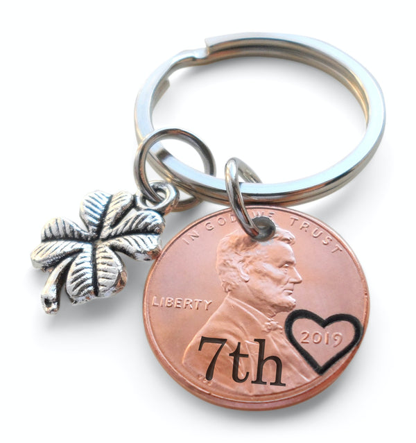 2019 US One Cent Penny Keychain with Engraved "7th" and Heart Around Year and Clover Charm; 7 Year Anniversary Couples Keychain