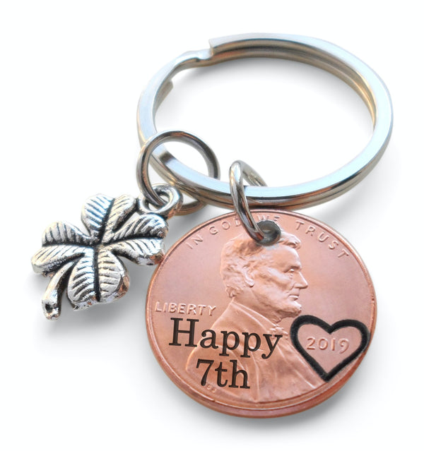 2019 US One Cent Penny Keychain with Engraved "Happy 7th" and Heart Around Year & Clover Charm; 7 Year Anniversary Couples Keychain