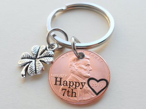 2019 US One Cent Penny Keychain with Engraved "Happy 7th" and Heart Around Year & Clover Charm; 7 Year Anniversary Couples Keychain