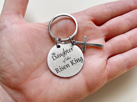Daughter of the Risen King Disc with Cross Charm Keychain, Religious Keychain Gift, Christian Keychain
