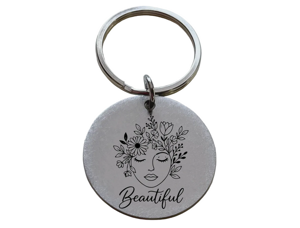 Beautiful Flowers & Face Engraved Steel Disc Keychain, Encouragement Keychain