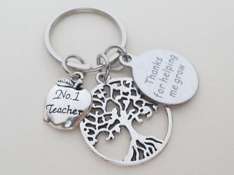 Thanks for Helping Me Grow Engraved Disc with Tree & No.1 Teacher Apple Charm Keychain Gift, Teacher Appreciation Gift by Jewelry Everyday