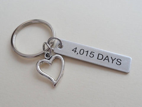 11 Year Anniversary Gift - Stainless Steel Tag Keychain Engraved with "4,015 Days" with Heart Charm by Jewelry Everyday