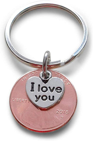 2018 Penny Keychain - with "I Love You" Heart Charm, Couples 7 Year Anniversary Gift by Jewelry Everyday