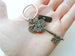 Bronze Key Charm Keychain with Small Heart Lock Charm & Love Tag Charm; Couples Anniversary Keychain