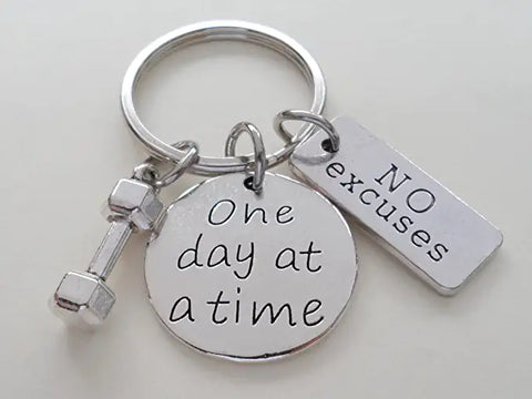 "One Day At A Time" & "No Excuses" Fitness Encouragement Keychain with Weight Charm, Health Keychain by Jewelry Everyday