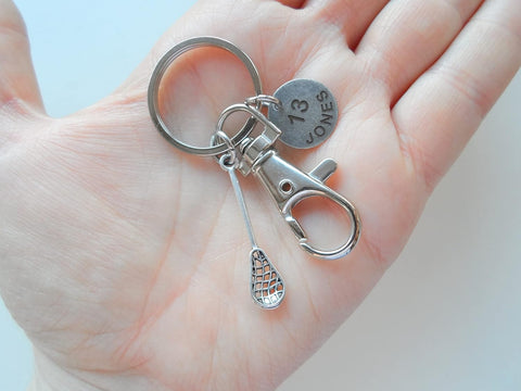 Custom Lacrosse Stick Charm Keychain with Swivel Clasp & Engraved Circle Tag, Graduate Keychain, Lacrosse Player Keychain
