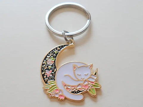White Cat Sleeping on Moon Charm Keychain with Flower Design, Cat Person Keychain, Cat Lady Keychain by Jewelry Everyday