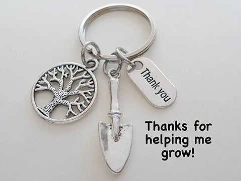 Small Tree, Shovel & Thank You Charm Keychain, Gardening Keychain Gift, Teacher Keychain - Thanks for Helping Me Grow by Jewelry Everyday