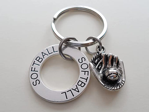 Softball Keychain with Baseball Glove Charm and Softball Ring Charm, Softball Player or Coach Keychain by Jewelry Everyday