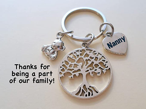 Tree Keychain with Teddy Bear Charm & Nanny Heart Charm, Family Nanny Appreciation Keychain by Jewelry Everyday
