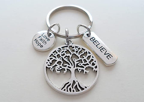 Tree Keychain with Believe Tag Charm & Small Love Faith Hope Disc Charm, Religious Keychain by Jewelry Everyday