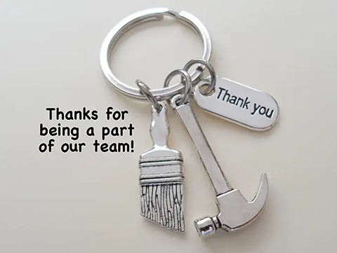 Hammer & Paint Brush Charm Keychain with Thank You Tag, Builders, Construction Team, Contractor, Handyman Appreciation Keychain by Jewelry Everyday