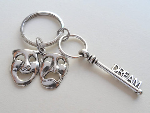 Theatre Masks & Dream Key Charm Keychain, Mask Charm, Drama Keychain, Graduation Keychain, Actors Keychain by Jewelry Everyday